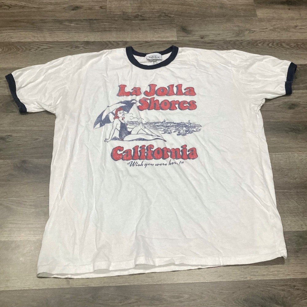 Vintage 90s Surf Diva La Jolla Shores California pinup ringer t-shirt